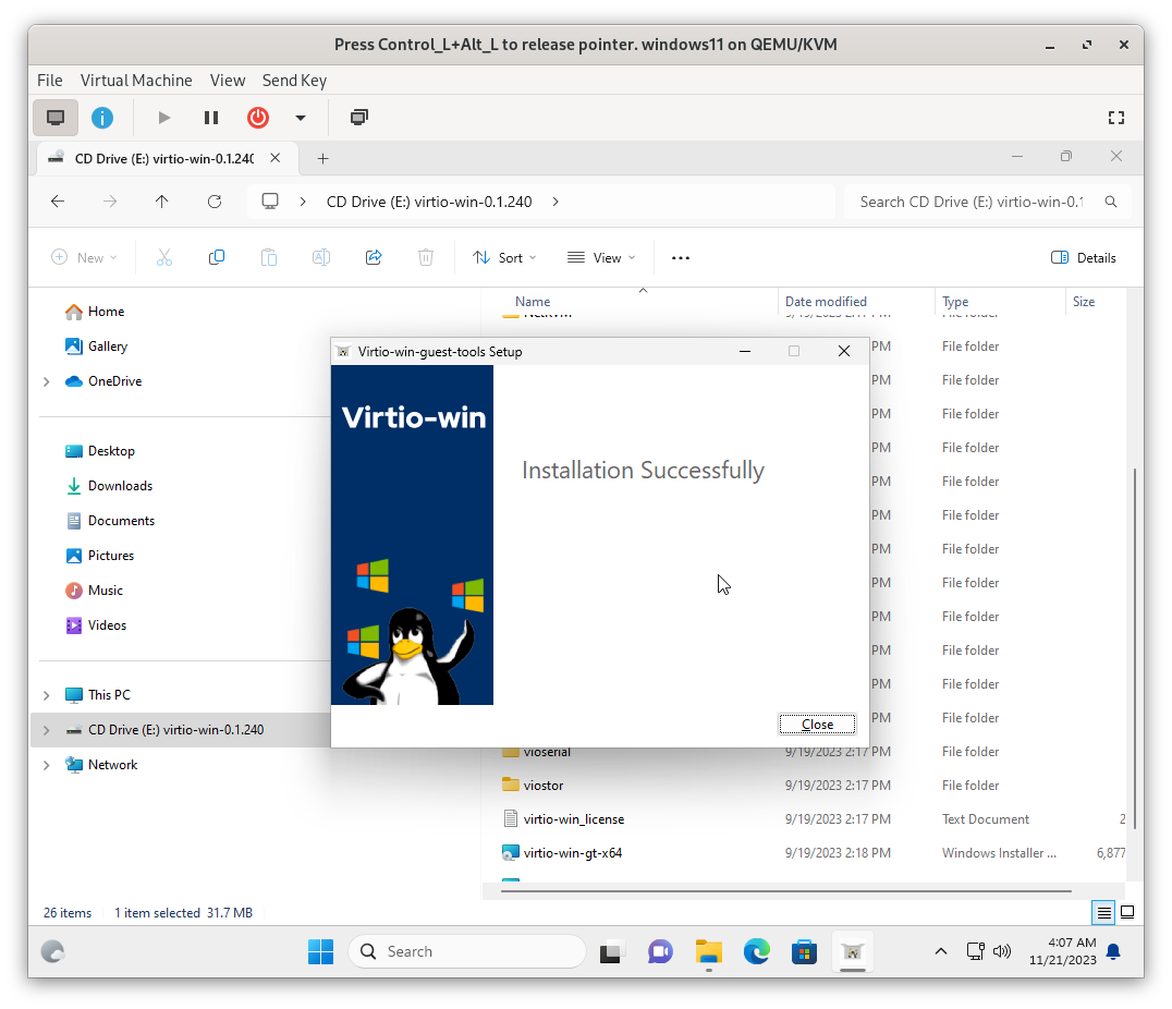Explorer E VirtIO Win X64 Guest Tool Success